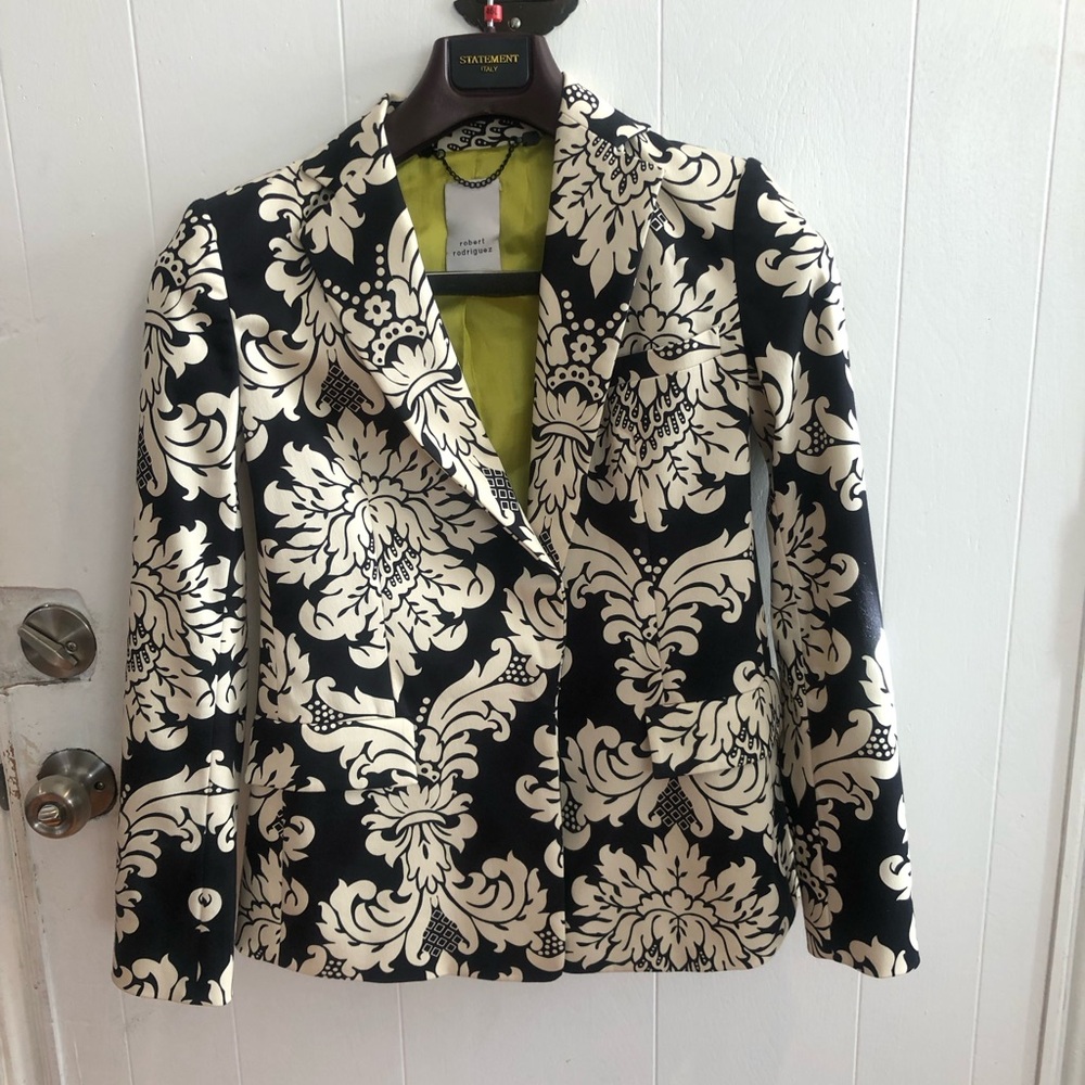 Robert Rodriguez black and white fleur de lis blazer w/ lime green lining.